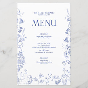 Chinoiserie Français Bleu Victorien Menu Mariage
