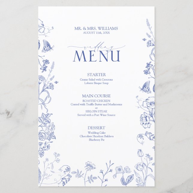 Chinoiserie Français Bleu Victorien Menu Mariage (Devant)