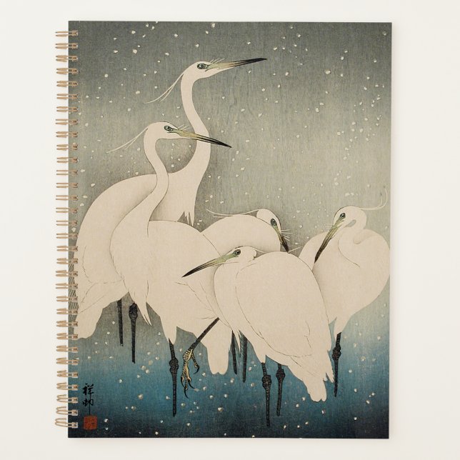 Chinoiserie Héron Blanc Motif de Neige d'Hiver (Devant)