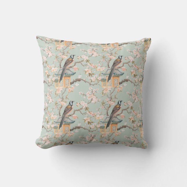 Chinoiserie Oiseau & Fleurs roses Jeter Oreiller (Recto)
