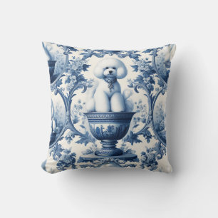Chinoiserie Oreiller à lancer Bichon bleu et blanc