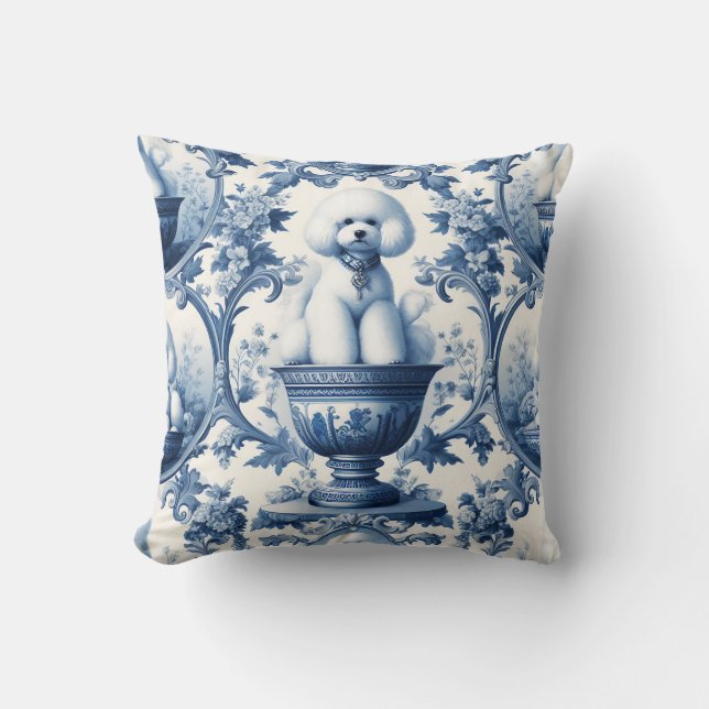 Chinoiserie Oreiller à lancer Bichon bleu et blanc (Recto)