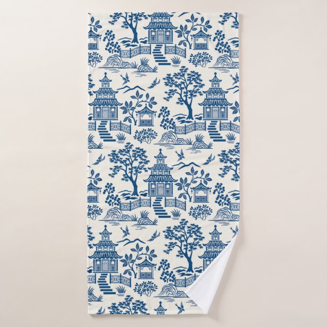 Chinoiserie Pagode Bleu sur Blanc (Serviette de bain)