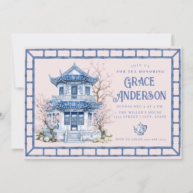 Chinoiserie rose et bleu Bamboo Thé Invitation (Devant)