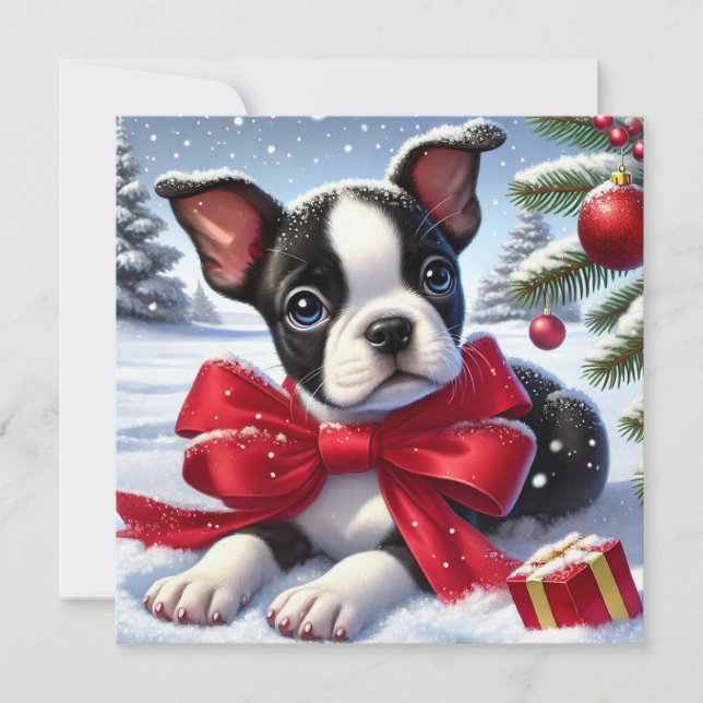 Chiot avec Bow rouge sur la scène de Noël enneigée (Devant)