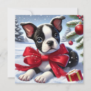 Chiot avec Bow rouge sur la scène de Noël enneigée