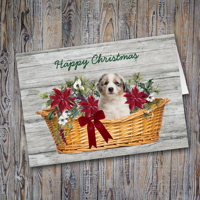 Chiot bleu Merle Aussie en panier Carte de Noël (Créateur téléchargé)
