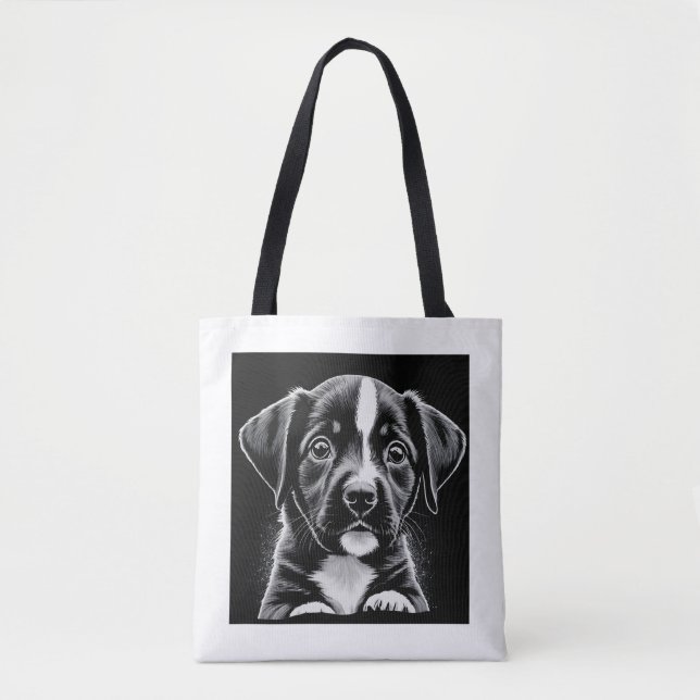 Chiot Curieux – Sac Fourre-Tout Noir & Blanc (Devant)