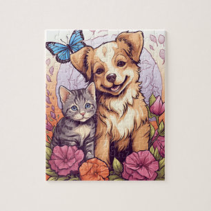 Chiot et chaton, Puzzle de papillon et de jeu de f
