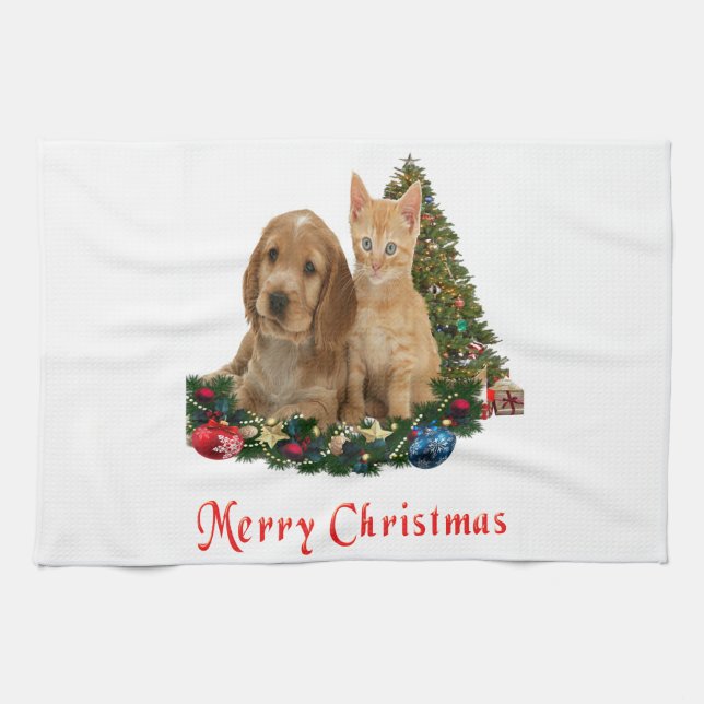 Chiot et chaton serviette de cuisine de Noël (Horizontal)