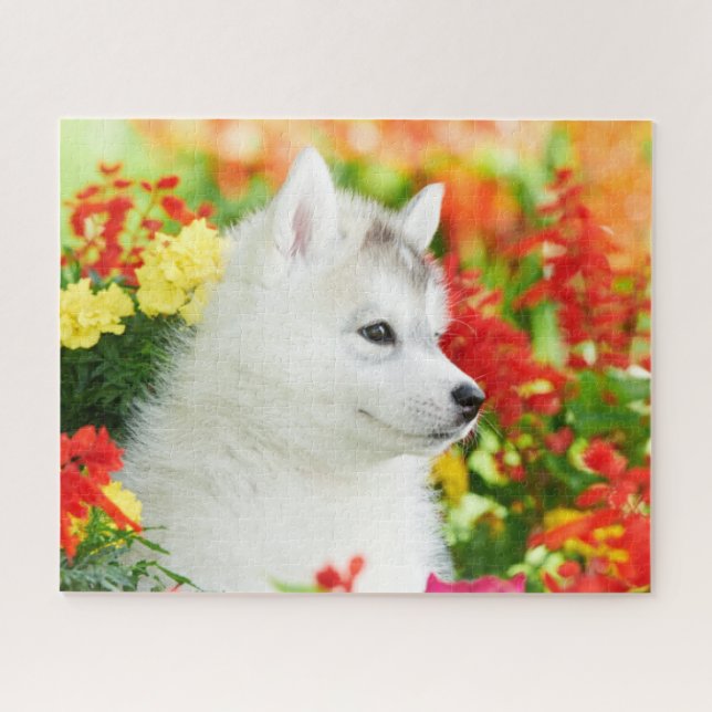 Chiot Husky Sibérien au puzzle Flowers (Horizontal)