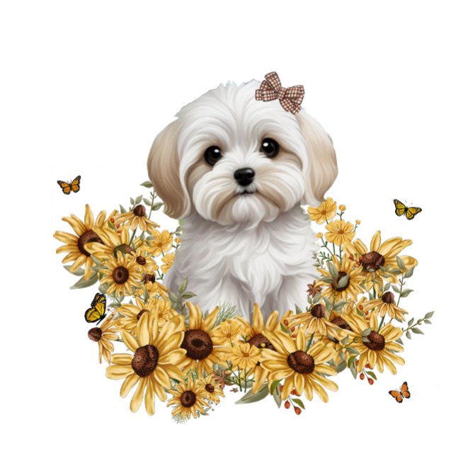 Chiot maltais avec des fleurs jaunes d'automne  (Maltesem puppy with yellow flowers)
