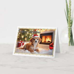 Chiot par cheminée Carte de Noël