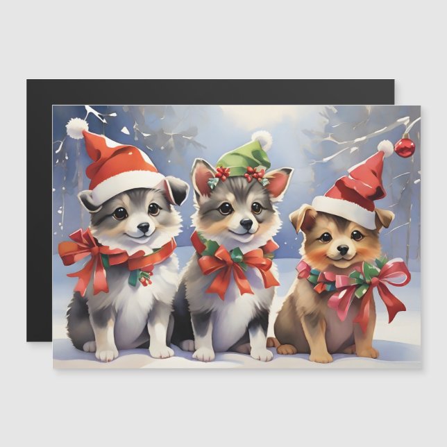 Chiots de Noël mignons avec des chapeaux de Père N (Devant / Derrière)