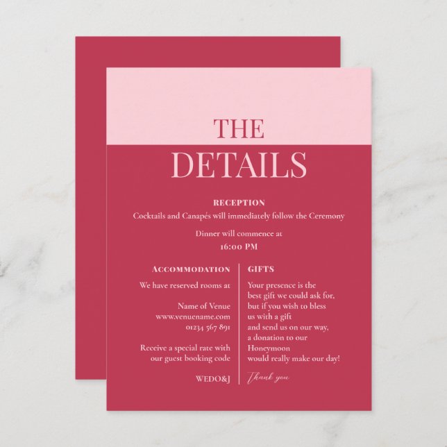CHLOE Modern Bold Pink Mariage Details Card (Devant / Derrière)