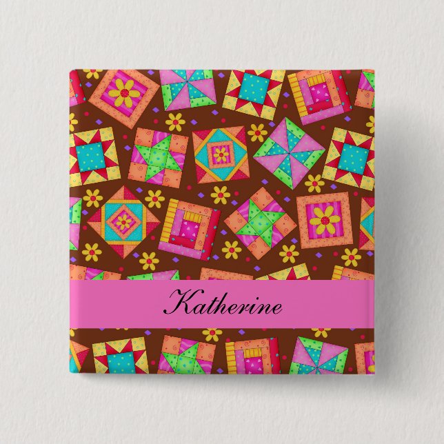 Chocolat Brown Patchwork Quilt Blocks Nom Badge (Devant)