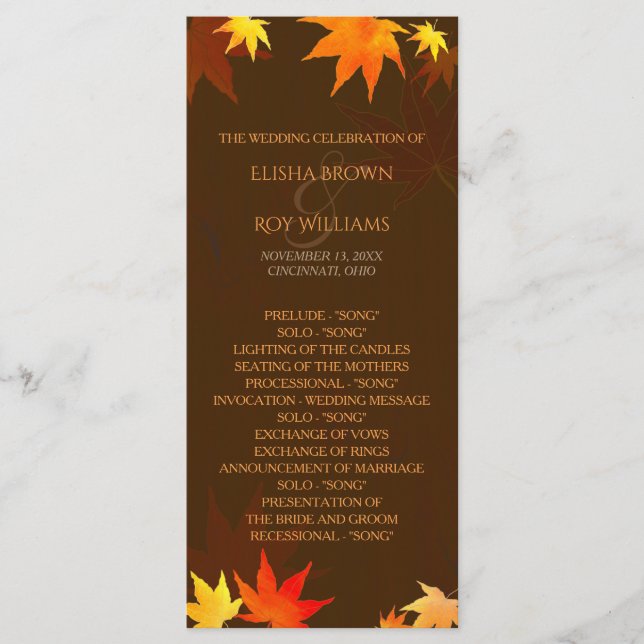 Chocolat Brown programme de mariage d'automne (Devant)