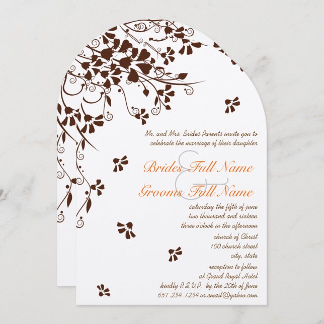 Chocolat Coral Floral Invitations de mariage (Devant / Derrière)