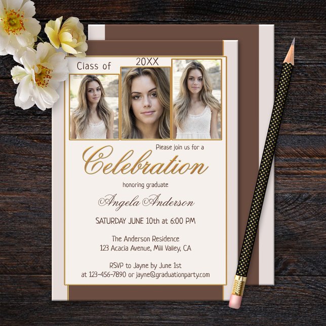 Chocolat Cream Gold Photo Graduation Invitation (Créateur téléchargé)