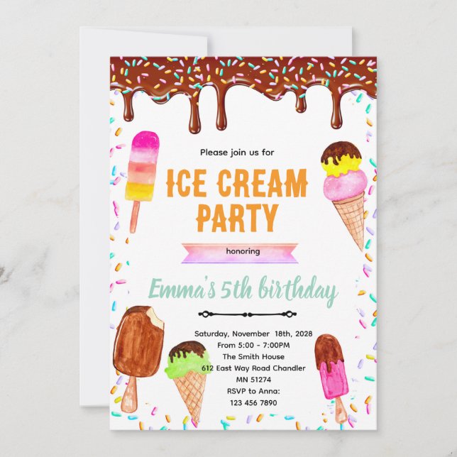 Chocolate drip ice cream birthday invitation (Devant)