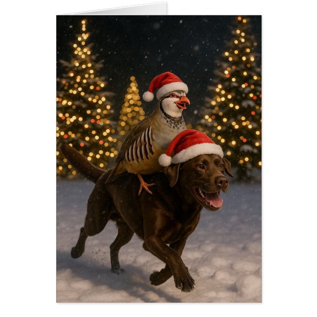 Chocolate Labrador and Partridge Christmas card (Devant)