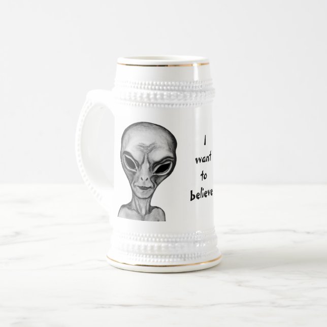 Chope À Bière Alien gris, je veux croire (Devant gauche)
