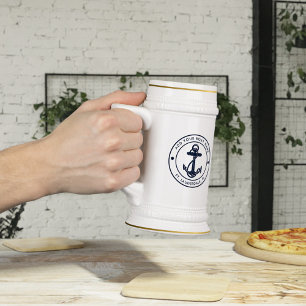 Chope À Bière Ancre nautique personnalisation nom de bateau bleu