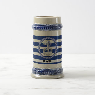 Chope À Bière Ancre rayée bleue marine personnalisée 2 Stein