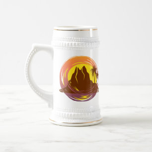Chope À Bière Badge avec paysage volcanique tropical et palmiers
