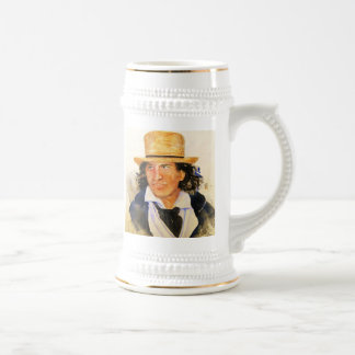 Chope À Bière Bière Stein avec l'homme dans le chapeau de paille