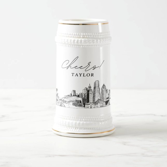 Chope À Bière Cadeau personnalisé Miami Skyline Sketch Bière Ste (Personalized Bridal Party Gift Miami Skyline Sketch Beer Stein)