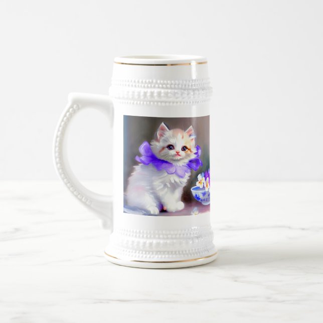 Chope À Bière Chat blanc avec collier de fleurs violettes (Gauche)