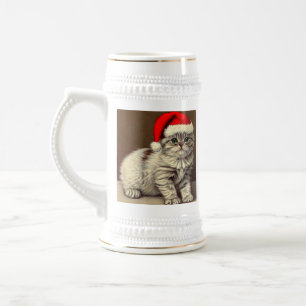 Chope À Bière Chat de Noël vintage portant un chapeau de Père No