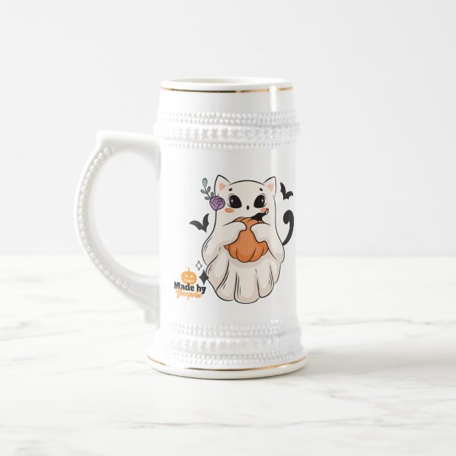 Chope À Bière Chat Fantôme mignon avec Citrouille | Éffrayant Ha (Gauche)