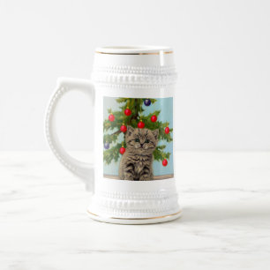 Chope À Bière Chat vintage et sapin de Noël