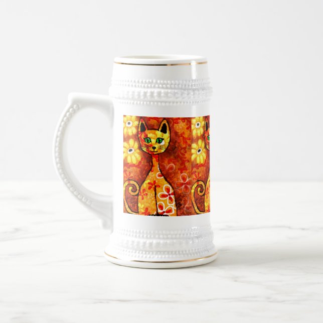 Chope À Bière Chat Whimsical Rétro Kitty Floral Orange Jaune Rou (Gauche)