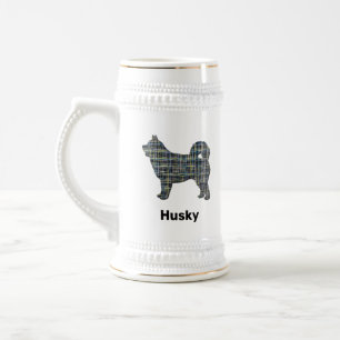 Chope À Bière Chien Husky Lignes de grille jaune et bleu