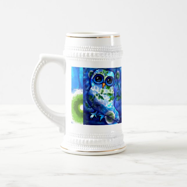 Chope À Bière Chouette Abstraite lunaire Fleur Florale Bleu Vert (Gauche)