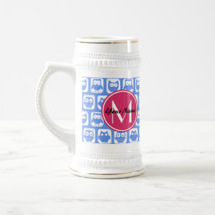 Chope À Bière Chouette bleue Motif rose Personnalisé Monogramme