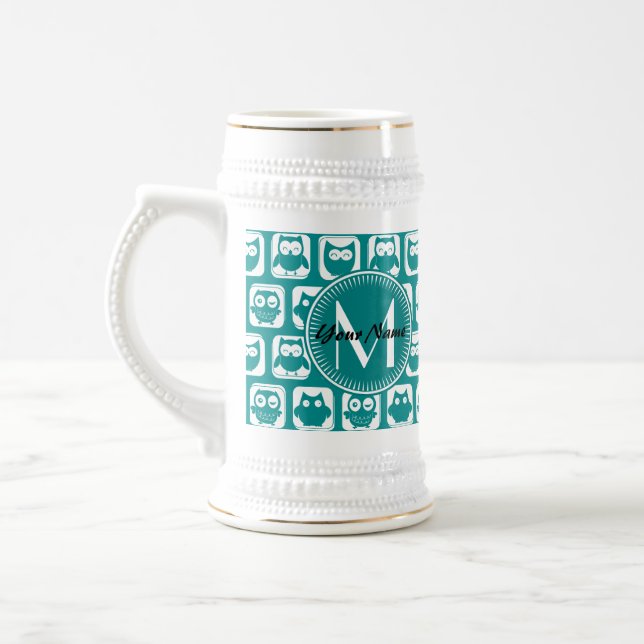 Chope À Bière Chouettes Turquoises et blanches monogrammes (Gauche)