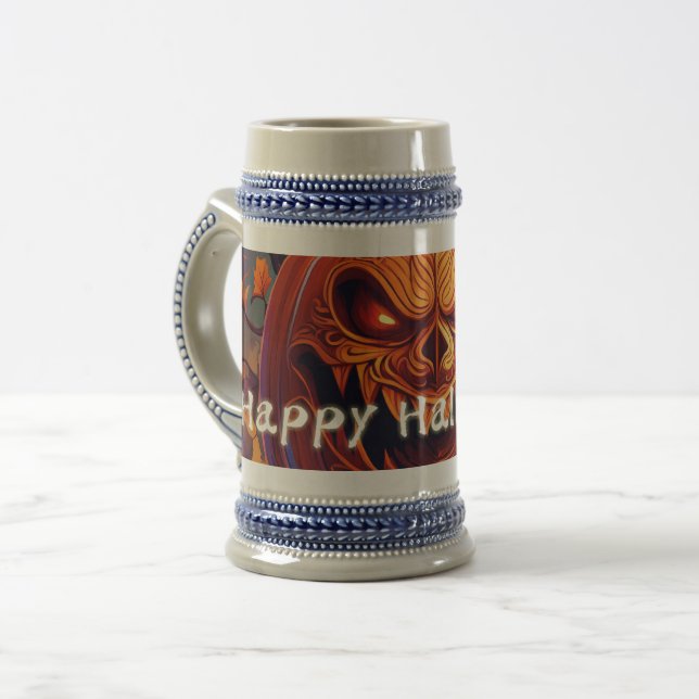 Chope À Bière Citrouille orange effrayante avec visage, Hallowee (Devant gauche)