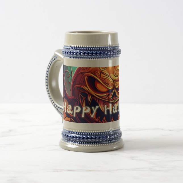 Chope À Bière Citrouille orange effrayante avec visage, Hallowee (Devant gauche)