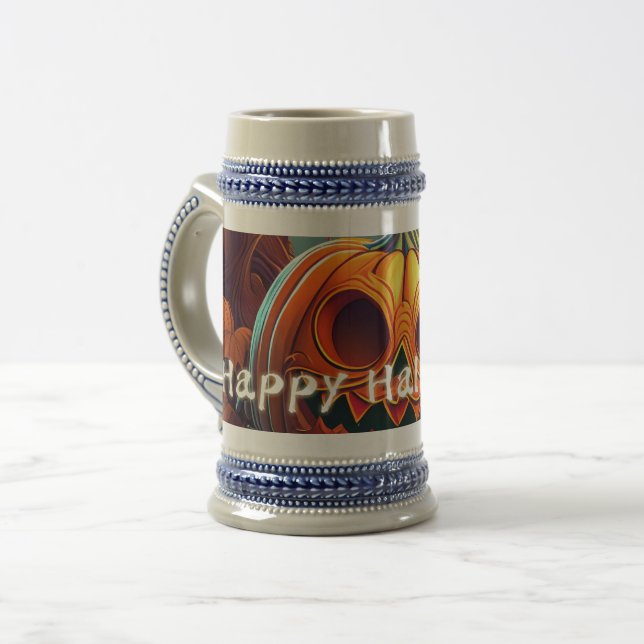 Chope À Bière Citrouille orange effrayante avec visage, Hallowee (Devant gauche)