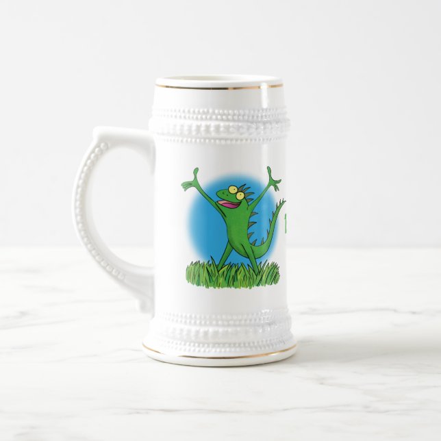 Chope À Bière Drôle vert souriant animé lézard d'iguane (Gauche)