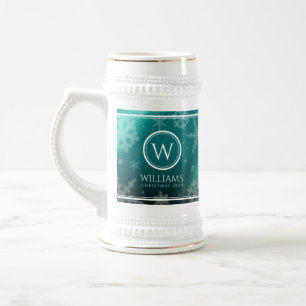 Chope À Bière Festif Blue Foil Snowflakes Monogramme Nom