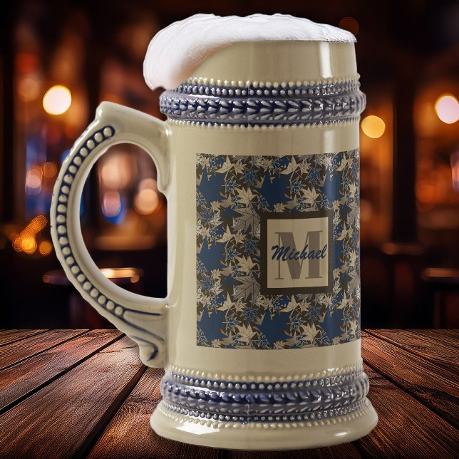 Chope À Bière Feuilles d'érable bleues sur fond charbon (Maple Leaves Blue - Bar Scene - The Canadian Outpost Shop at Zazzle)