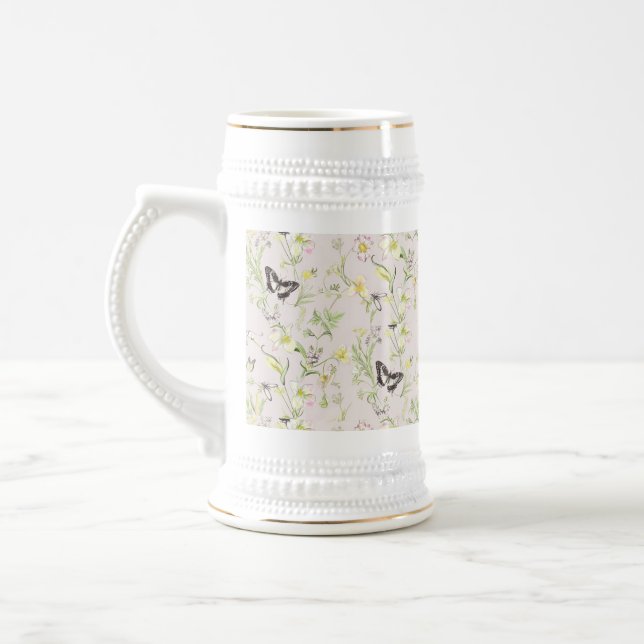 Chope À Bière fleurs délicates avec un papillon dans le style ch (Gauche)