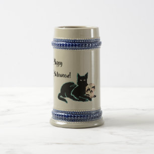 Chope À Bière Halloween de chat noir et de crâne
