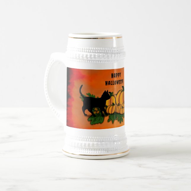 Chope À Bière Halloween heureux, Chat noir, Chat et Citrouille (Devant gauche)