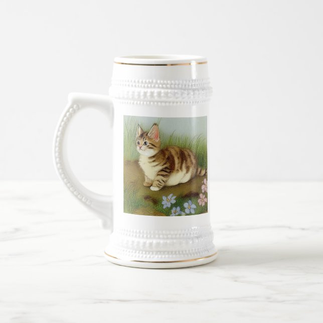 Chope À Bière Illustration vintage Kitten avec fleurs (Gauche)